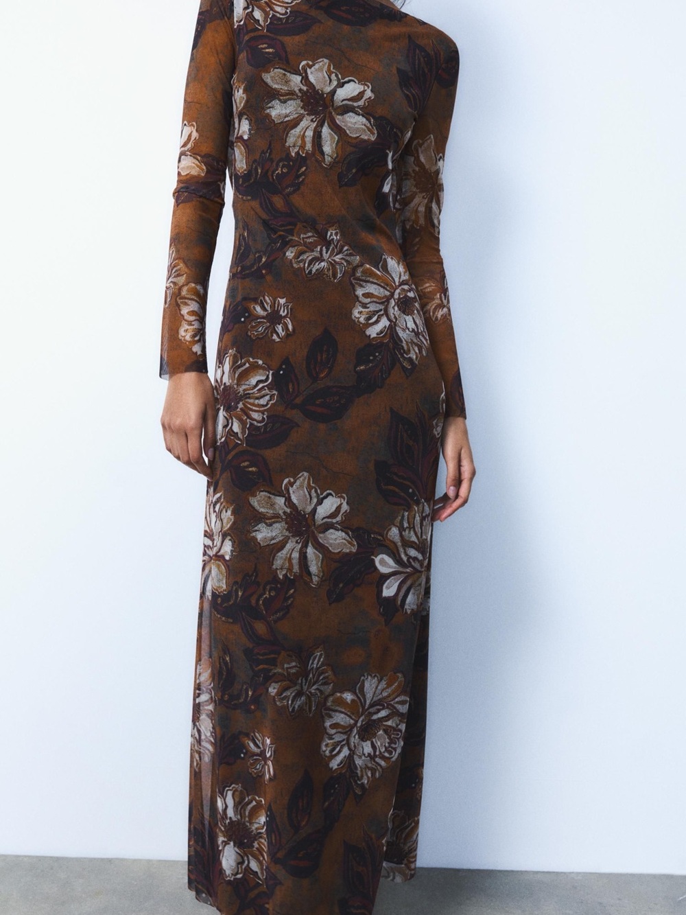 Zara Printed Floral Long Sleeve Maxi Dress in Brown and Cream Tulle